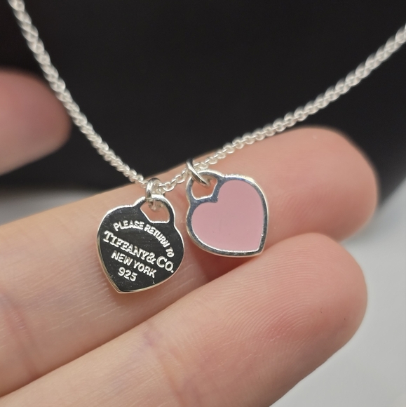 Tiffany & Co. Jewelry - Tiffany & Co. Sterling Silver 925 Pink Enamel Double Mini Heart Tag Neck…